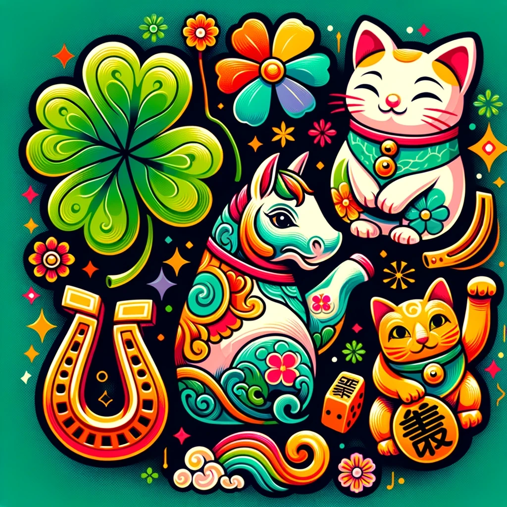 Une mosaïque multiculturelle de symboles de chance, avec un trèfle à quatre feuilles, un fer à cheval, un Maneki-neko japonais et un éléphant avec la trompe en l'air, dans un cadre artistique et coloré