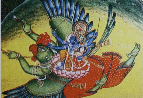 Vishnu et son épouse Lakshmi, chevauchant Garuda, le véhicule de Vishnu