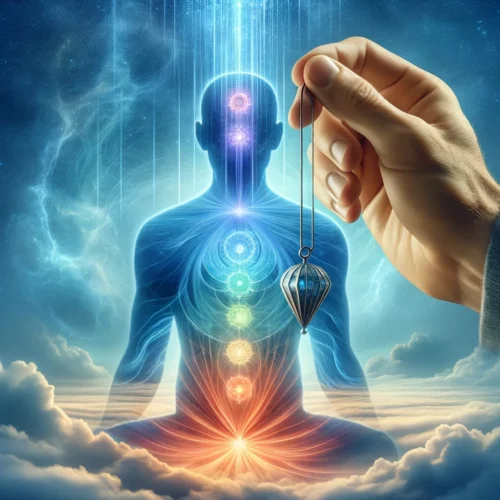 Une main tenant un pendule au-dessus des chakras illuminés, symbolisant les soins énergétiques et l'alignement des chakras