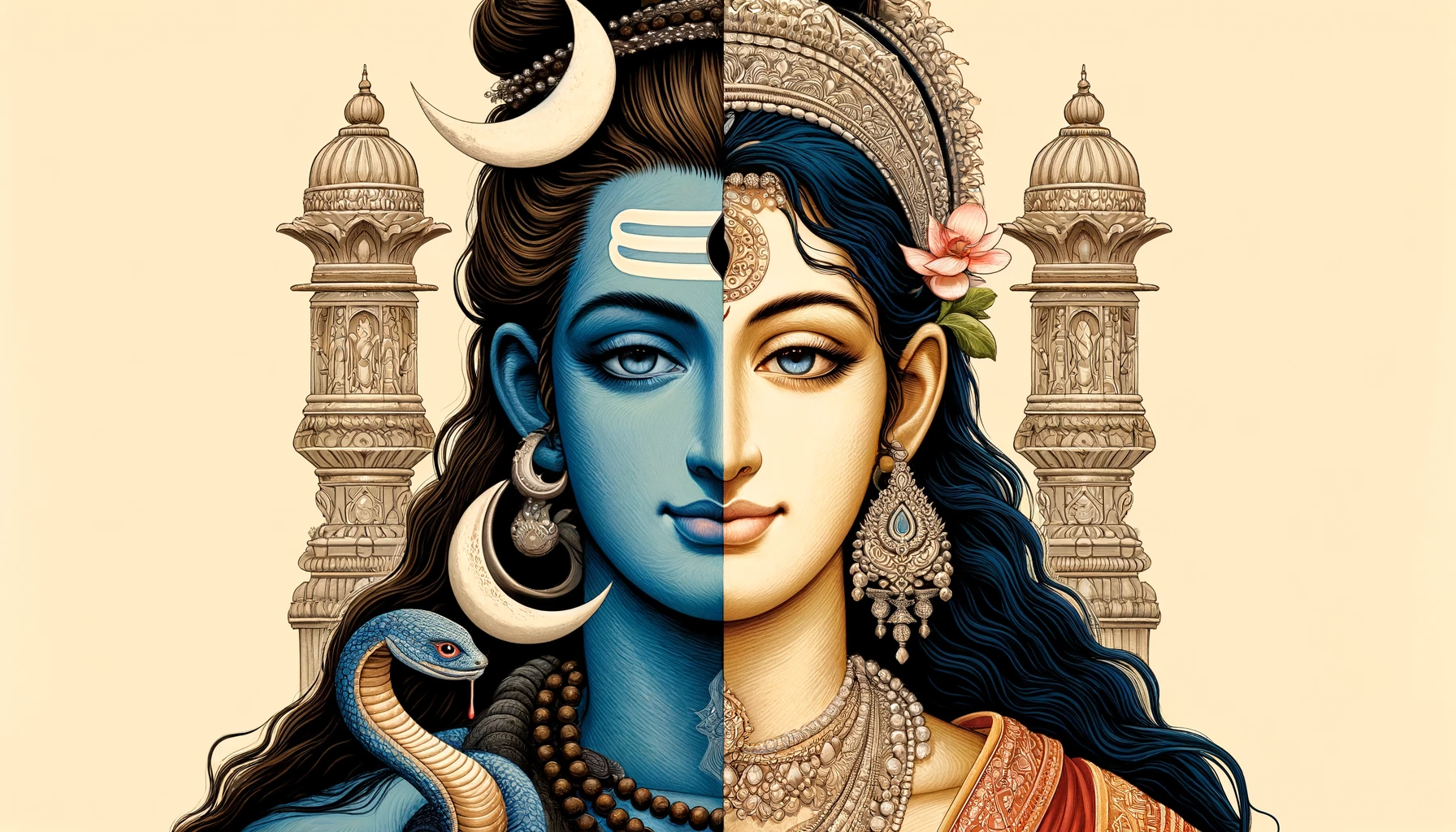 symbole de la dualité en spiritualité, Ardhanarishvara, fusion de shiva et parvati