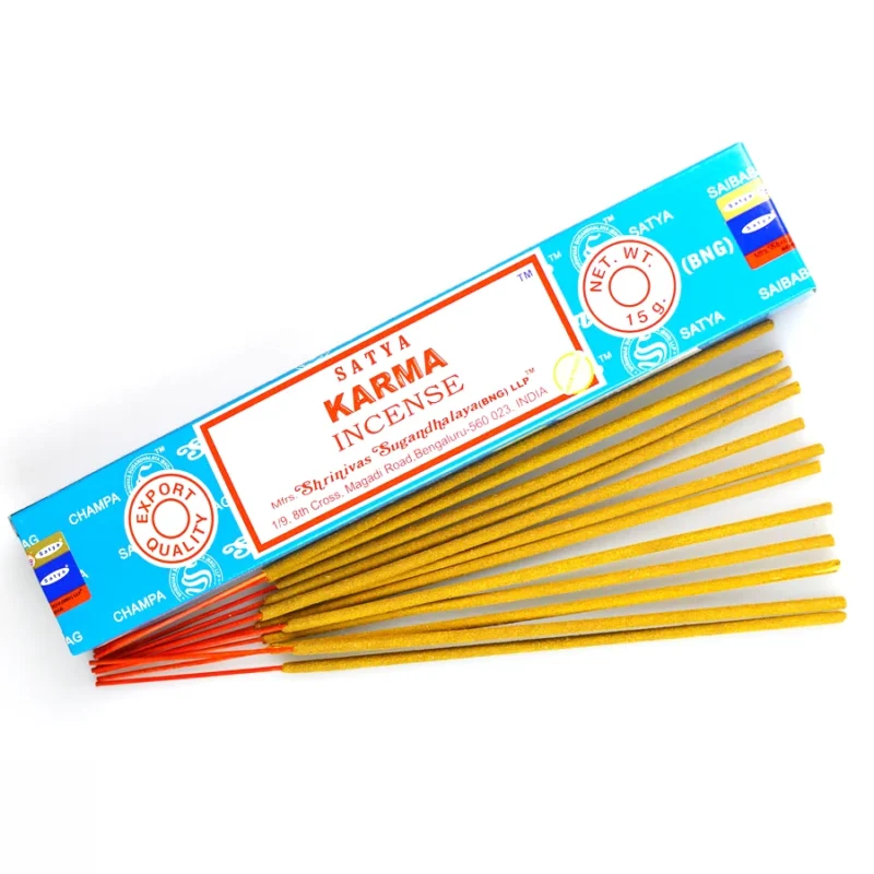 Boîte d’encens Satya Karma avec bâtonnets, 15g, encens indien naturel.