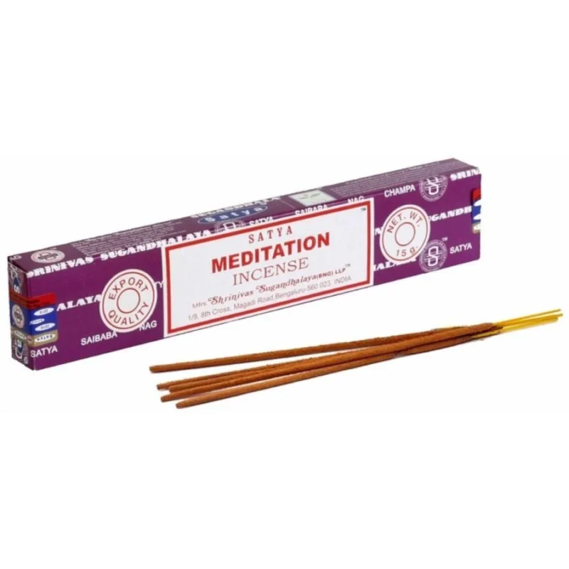 Boîte d’encens Satya Meditation avec bâtonnets, 15g, encens favorisant la concentration et le bien-être.