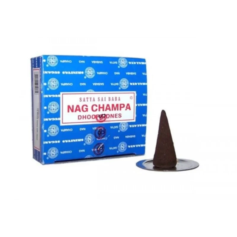 Boîte d’encens en cônes Satya Nag Champa, 12 cônes, parfum floral et boisé.