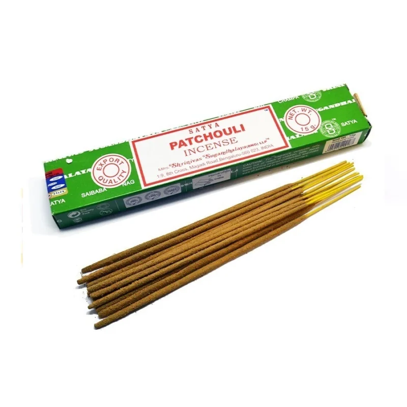 Boîte d’encens Satya Patchouli avec bâtonnets, 15g, encens relaxant et énergétique.