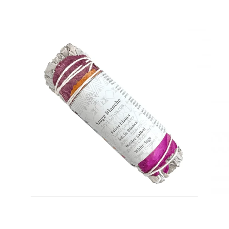 Fagot de sauge blanche et pétales de rose 7 chakras, purification énergétique et harmonisation spirituelle.