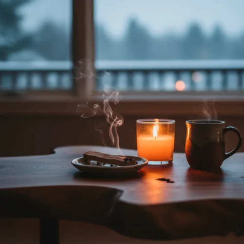 Rituel de purification hivernale avec bâton de Palo Santo fumant, bougie allumée et tasse de thé devant une fenêtre enneigée.